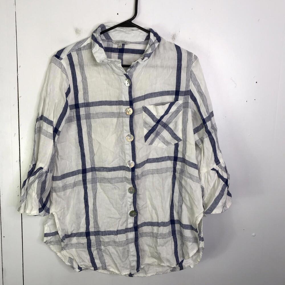 John Mark Top Womens Small Linen Plaid Bell Sleeve Button Front Large Buttons